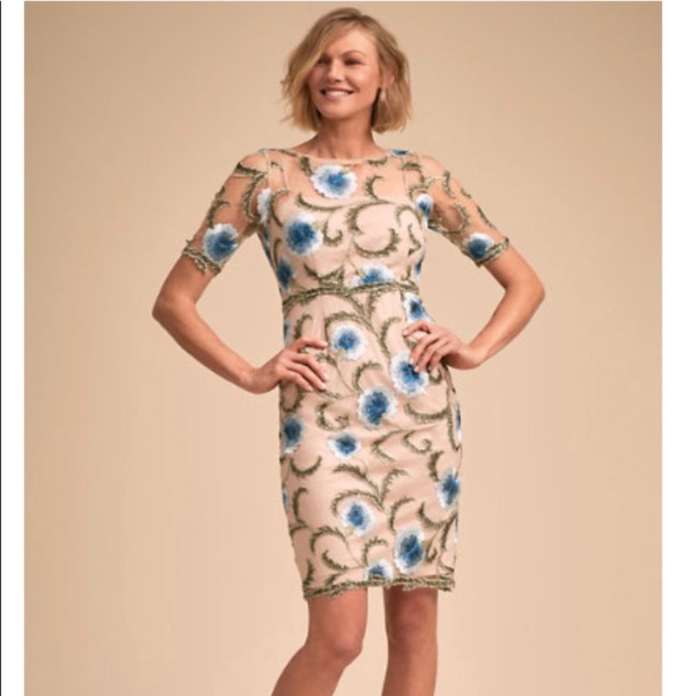 Adrianna Papell Cream Dress with Blue Floral Embroidery
